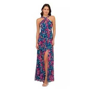 Adrianna Papell Navy Multi Floral Printed Chiffon Halter Gown Sz.4 NWT